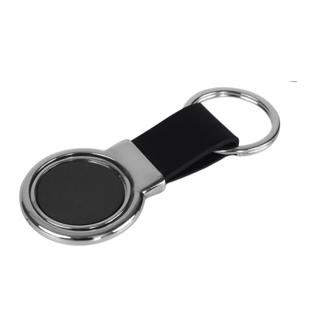 PU leather strap keychain with double-sided gunmetal plate – flat view