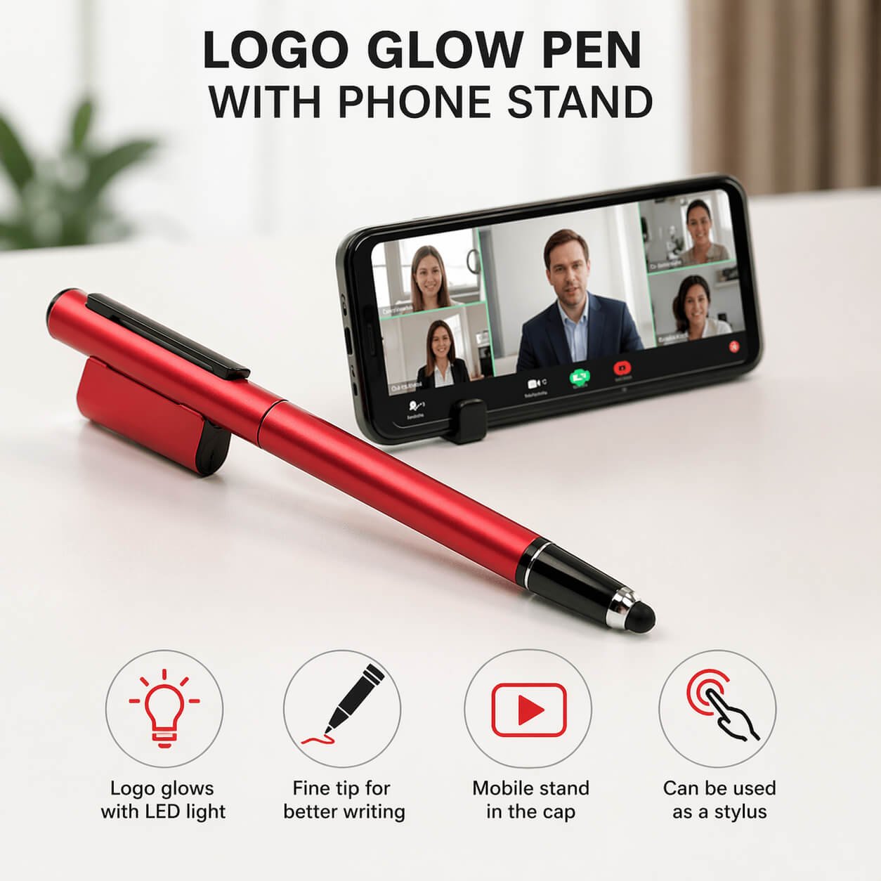 Logo glow pen with phone stand Red — corporate gift