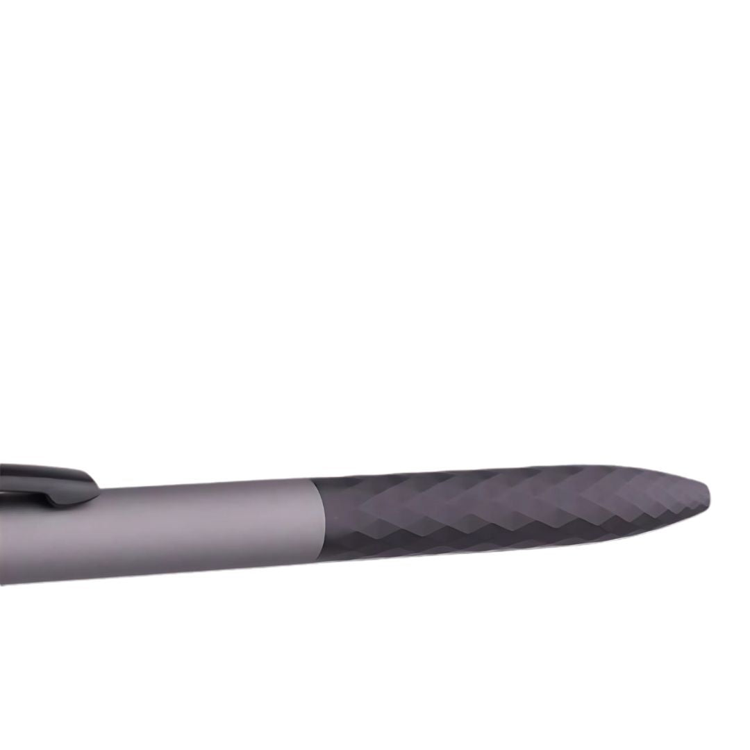 Close-up of Prism Grip metal pen with soft-touch velvet coating