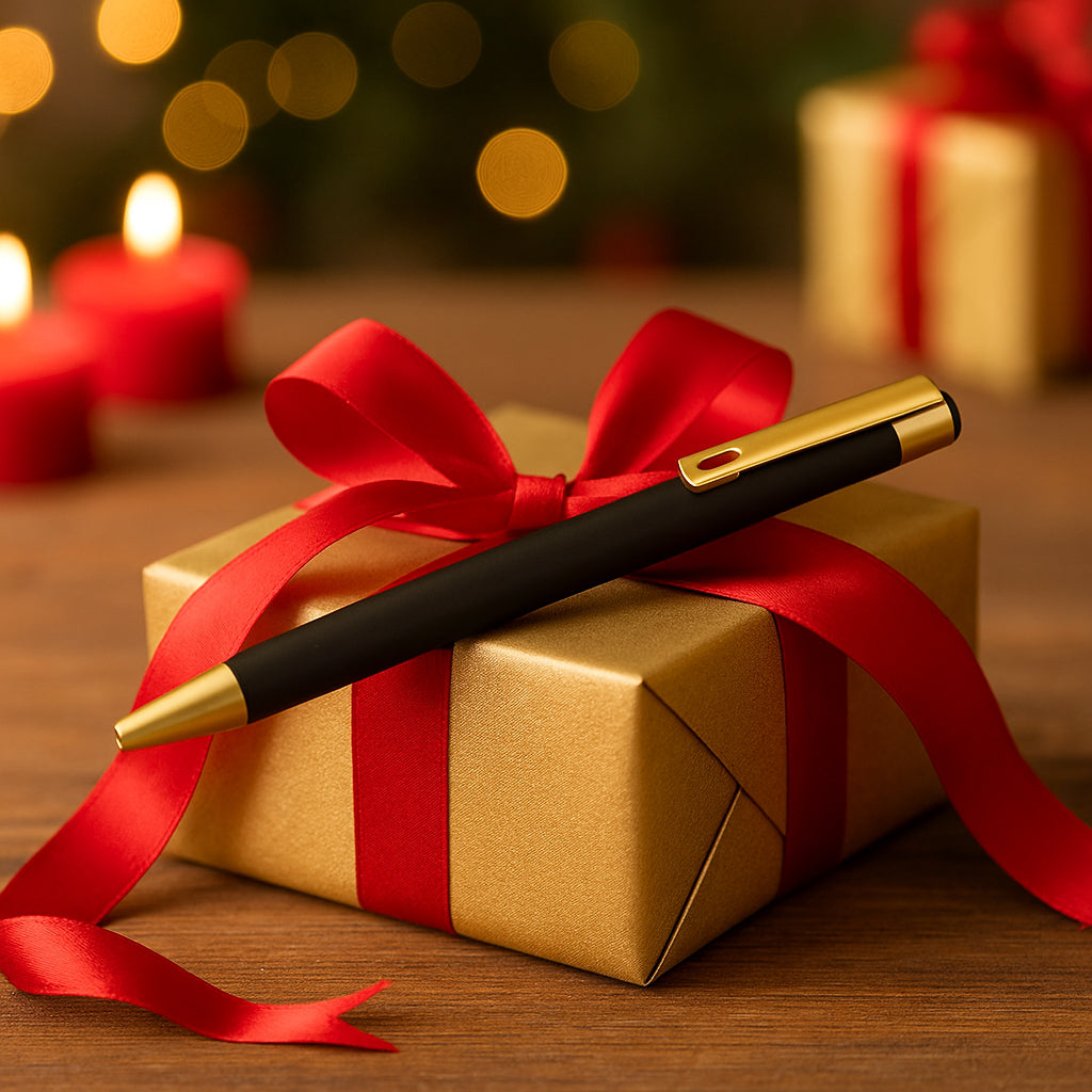 Black matte metal pen with golden clip and tip