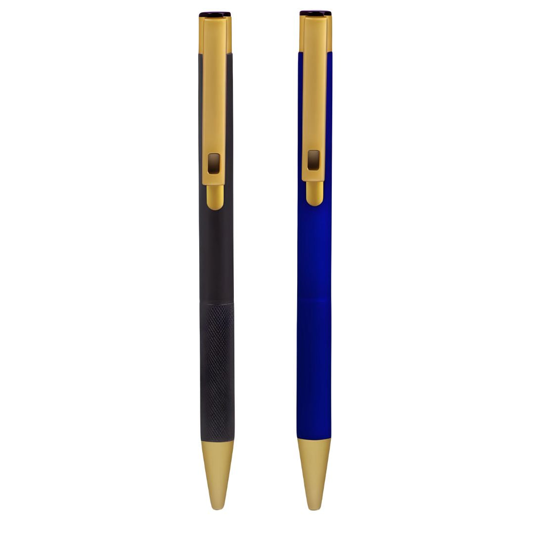 Matte metal pens in black and blue colors with golden accents