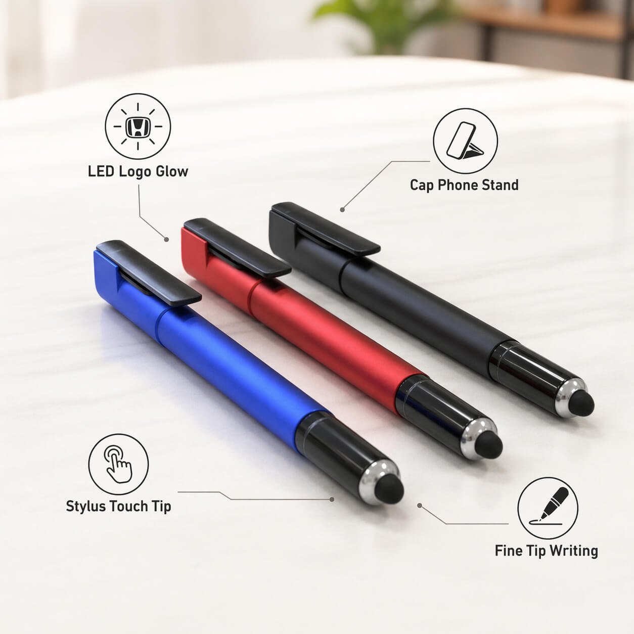 Logo glow pen with phone stand — corporate gift