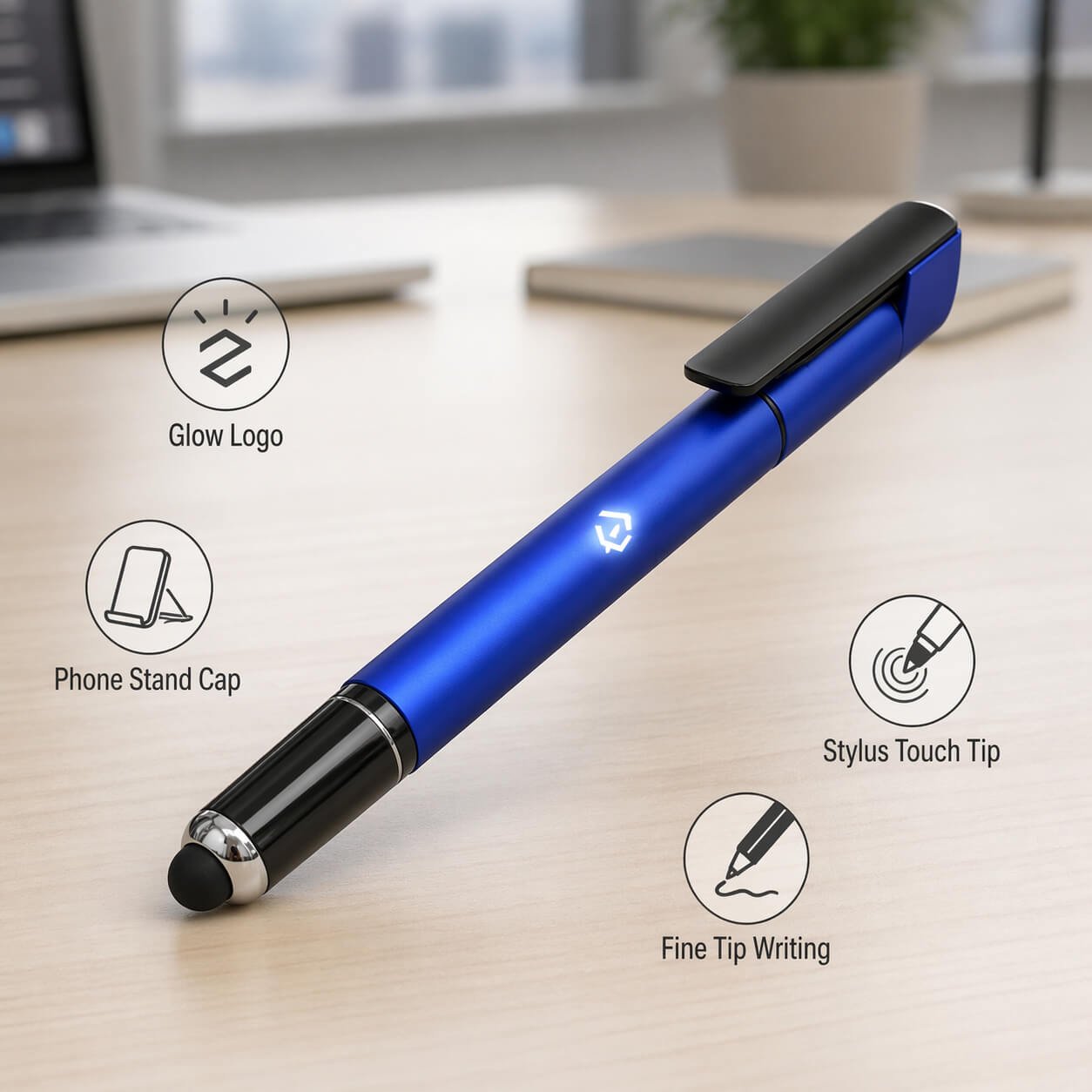 Logo glow pen with phone stand Blue — corporate gift