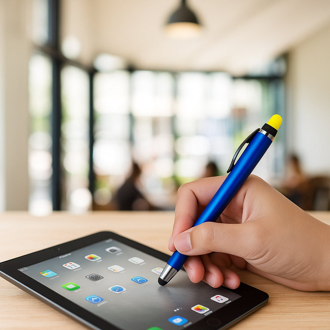Person using pen with highlighter and stylus on a tablet in a modern office setting