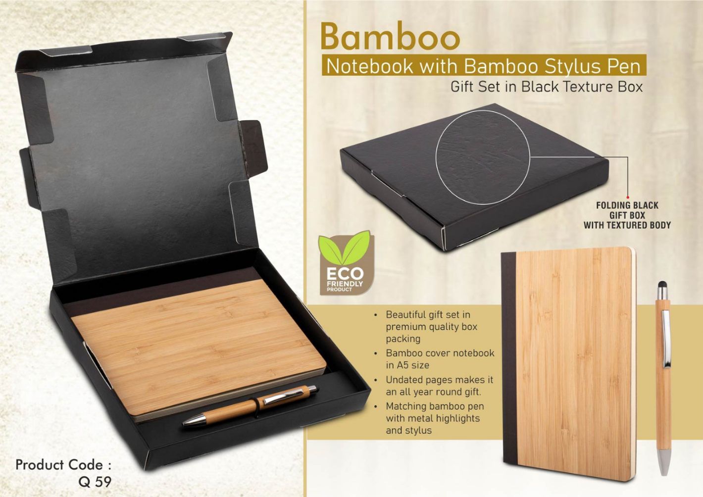Bamboo Notebook with Bamboo Pen Gift Set in Black Texture Box - View 2