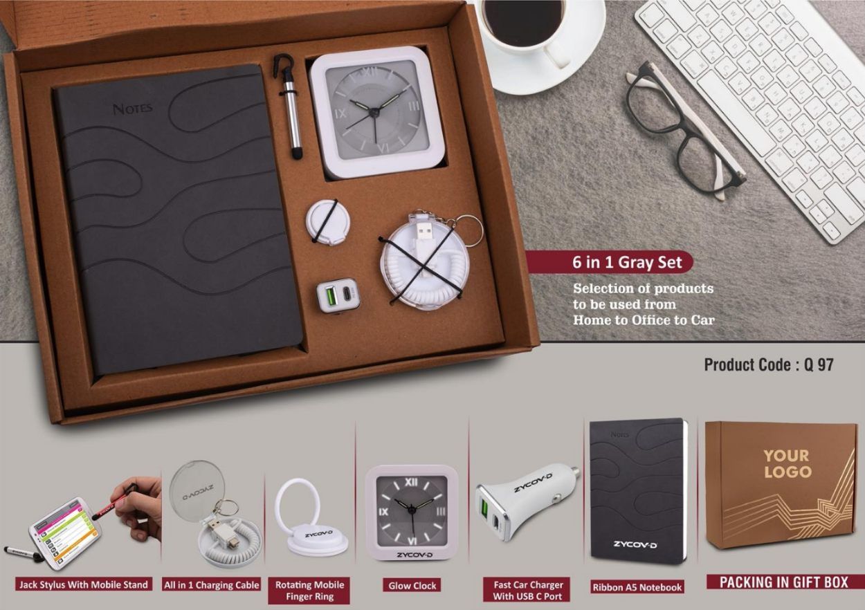 YuBingo 6 In 1 Gray Gift Set: Mobile Finger Ring, All In 1 Cable, Dual USB Car Charger, Stylus With Phone Stand, Glow Clock, A5 PU Notebook - Corporat - product image