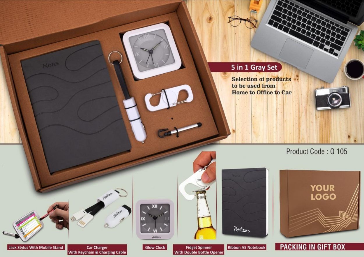5 in 1 Gray Gift Set: Spinner with Bottle Opener, Keychain with Car Charger and Cable, Jack Stylus with Phone Stand, Glow Clock, A5 PU Notebook - View 2