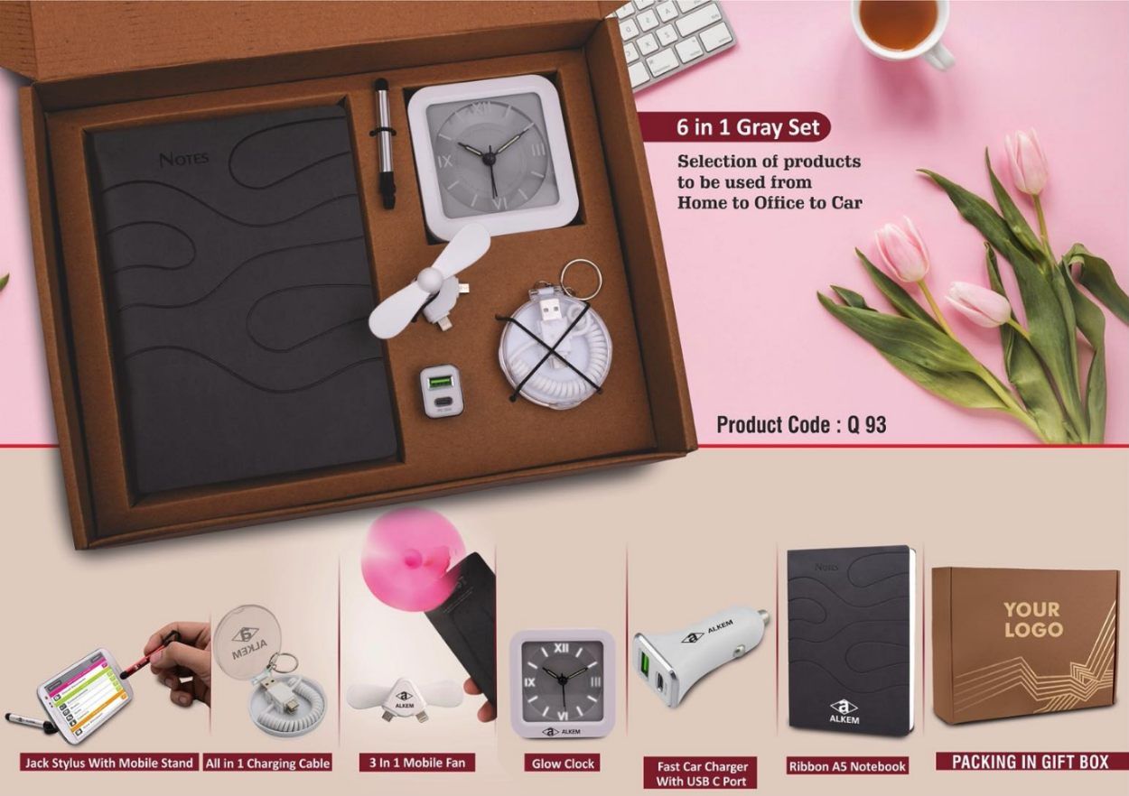 YuBingo 6-in-1 Gray Gift Set - Mobile Fan, All In 1 Cable, Car Charger, Stylus With Phone Stand, Glow Clock, A5 PU Notebook - Corporate Gift - image 2