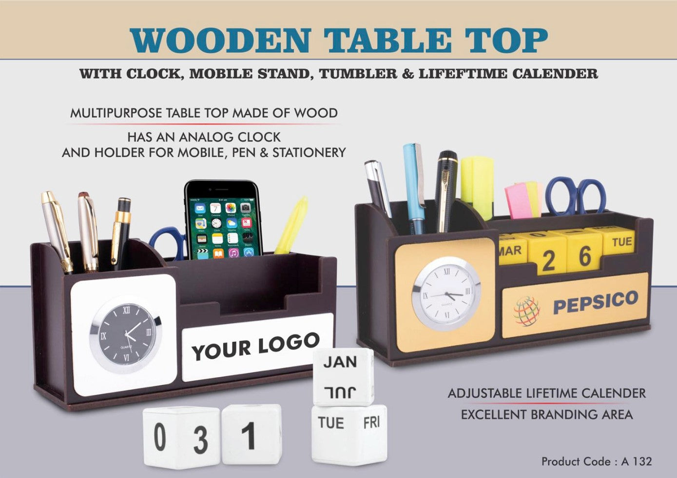 YuBingo Wooden Table Top With Clock, Mobile Stand, Tumbler, And Lifetime Calendar - Corporate Gift | Product image 3