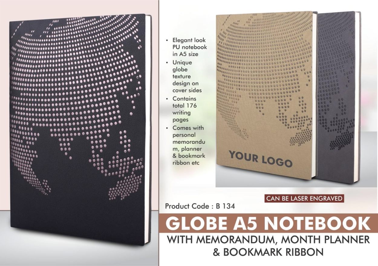 YuBingo Globe A5 Notebook with Memorandum, Month Planner & Bookmark Ribbon - Corporate Gift