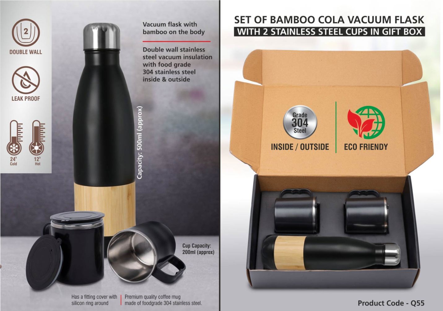 YuBingo Set Of Bamboo Cola Vacuum Flask With 2 Stainless Steel Cups In Gift Box - Corporate Gift Set - image 2