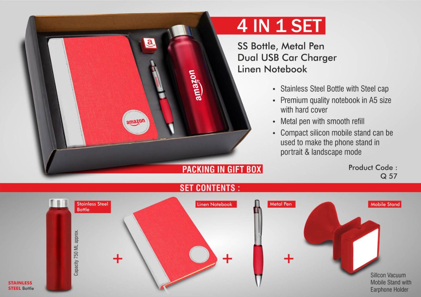 YuBingo 4 In 1 Set: Steel Bottle, Metal Pen, Silicon Mobile Stand, Ribbon PU Notebook - Corporate Gift Set - image 2