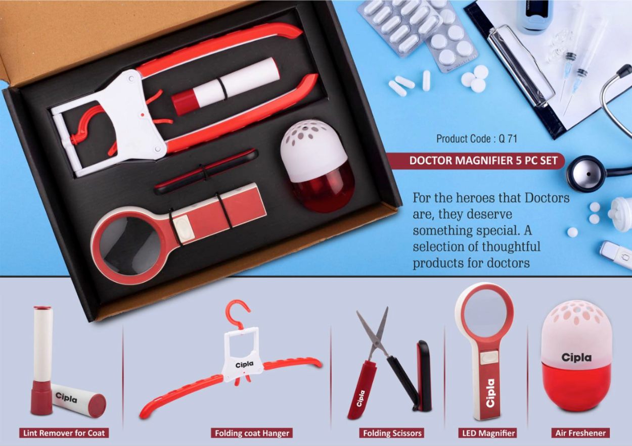 YuBingo Doctor Magnifier Set: Folding Coat Hanger, Lint Remover, Folding Scissors, LED Magnifier, Capsule Shape Air Freshener | 5 Pc Set (Red) - Corpo - image 2