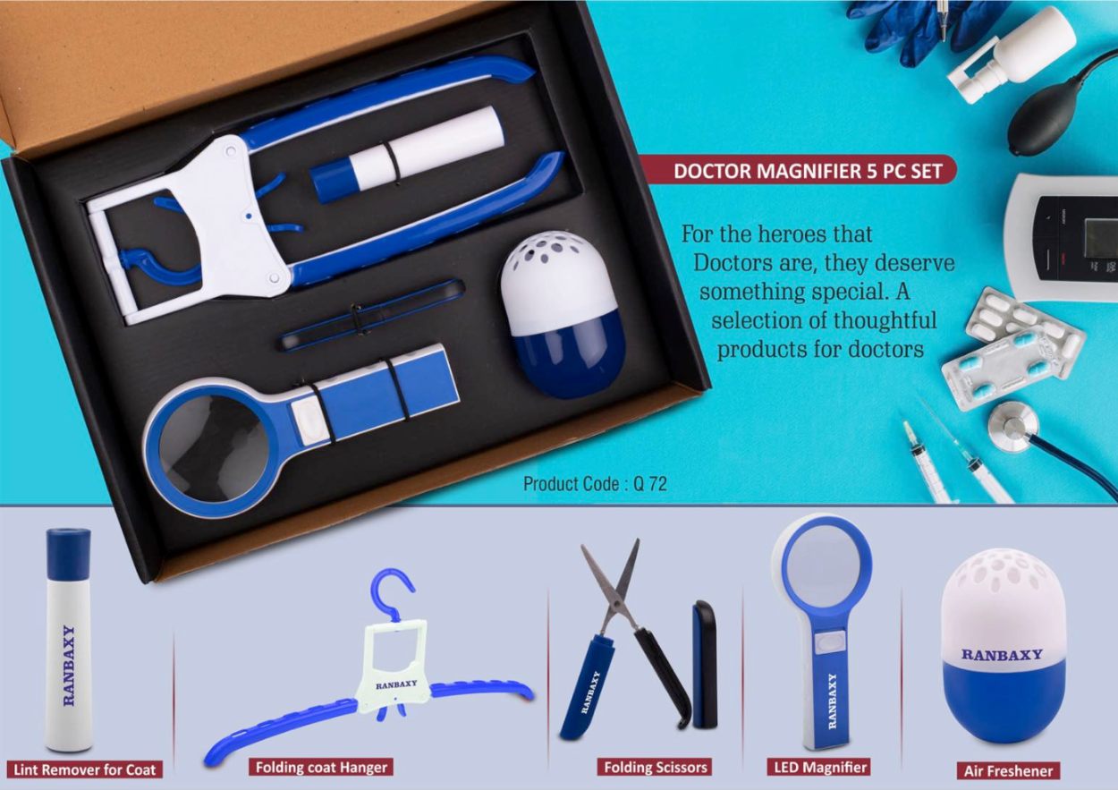 YuBingo Doctor Magnifier Set: Folding Coat Hanger, Lint Remover, Folding Scissors, LED Magnifier, Capsule Shape Air Freshener | 5 Pc Set (Blue) - Corp - image 2