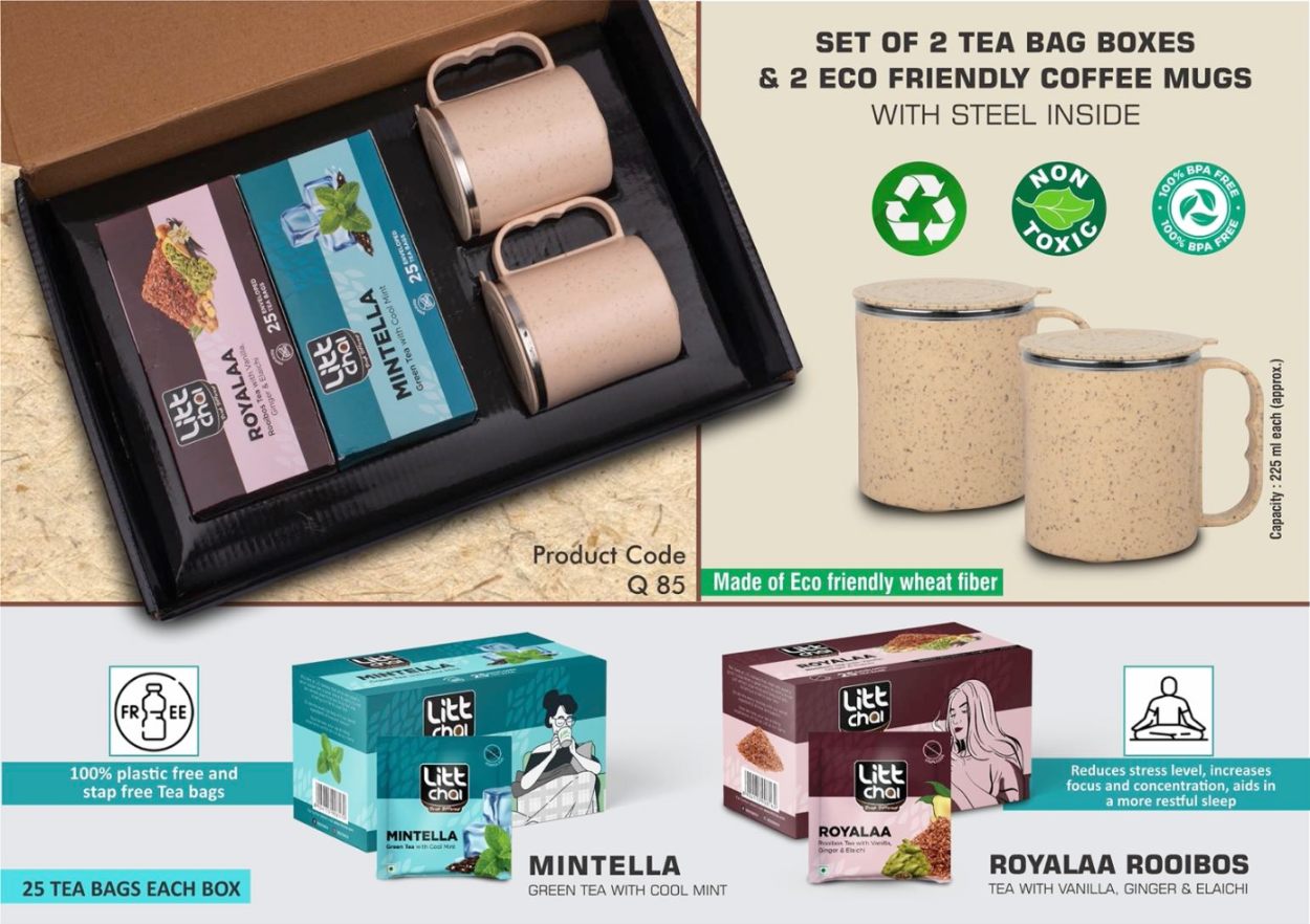 Set Of 2 Tea Bag Boxes With 2 SS Eco Mugs | Total 50 Tea Bags | Mugs Made Of Wheat Straw Material - View 2