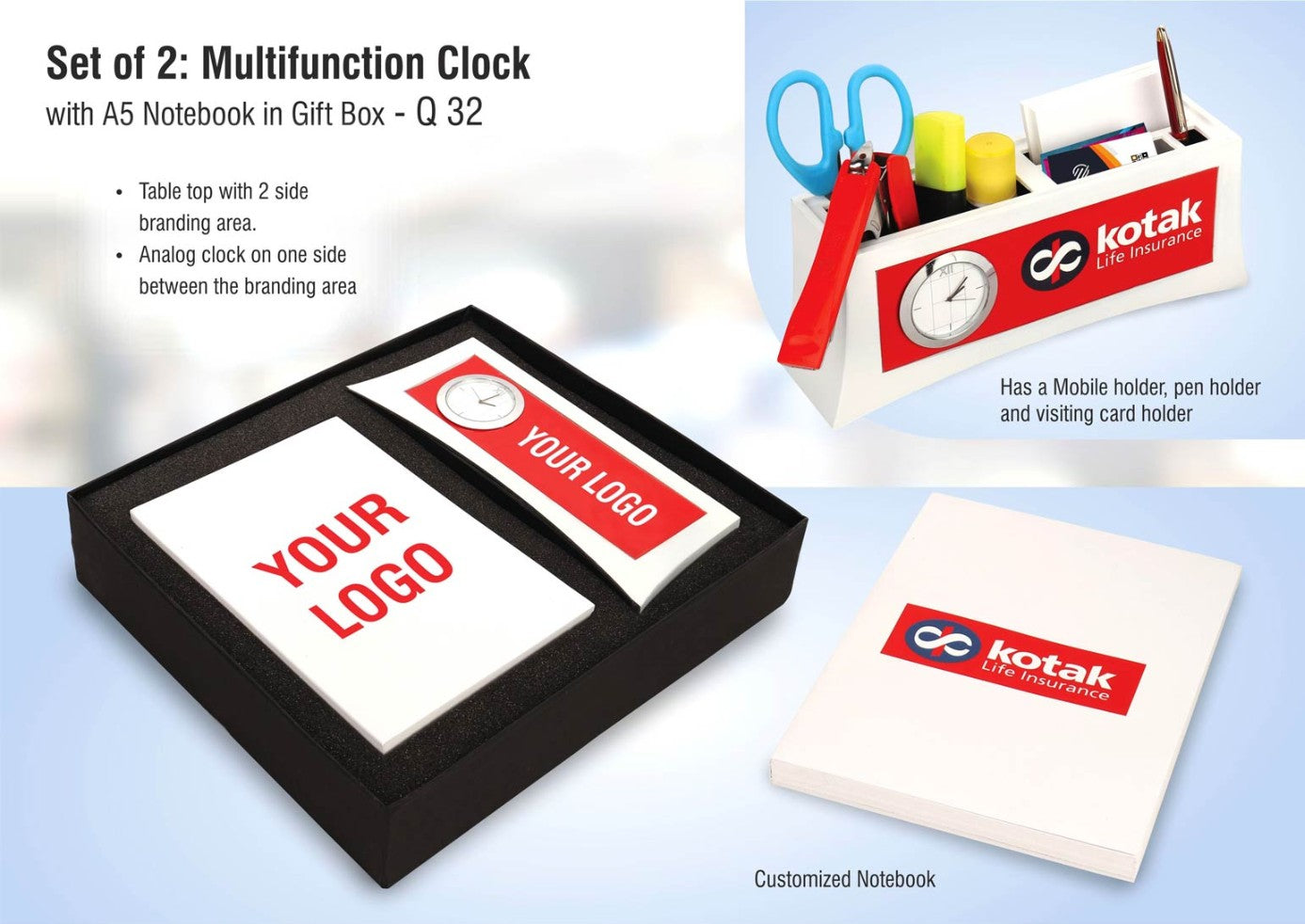 Set of 2: Multifunction Clock with A5 Notebook in Gift Box | Branding Included - View 2
