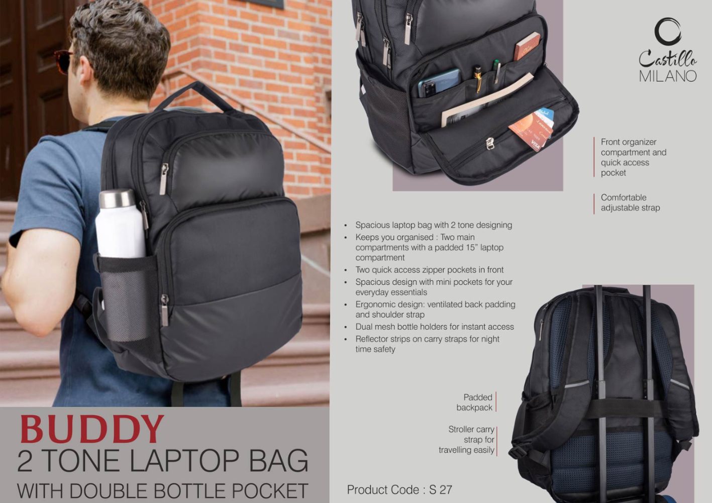 YuBingo Buddy: 2 Tone Laptop Bag With Double Bottle Pocket - Front Organizer Compartment - Padded Backpack - Corporate Gift | Product image 2