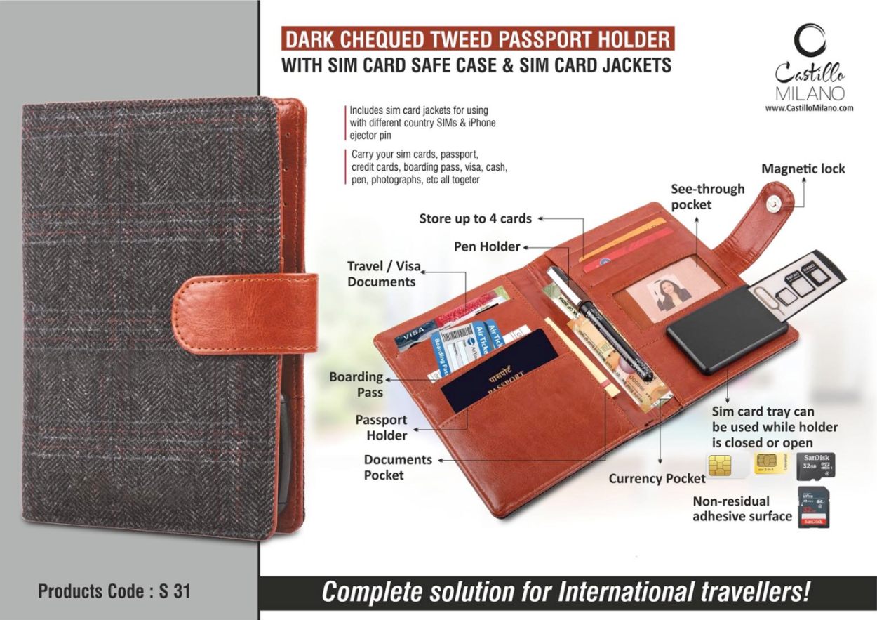 YuBingo Dark Chequed Tweed Passport Holder With SIM Card Safe Case & SIM Card Jackets - Corporate Gift | Product image 2