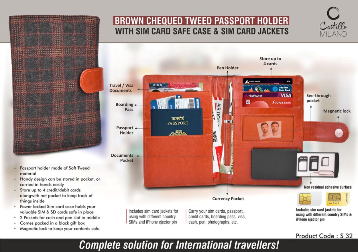 YuBingo Brown Chequed Tweed Passport Holder With SIM Card Safe Case & SIM Card Jackets - Corporate Gift | Product image 2