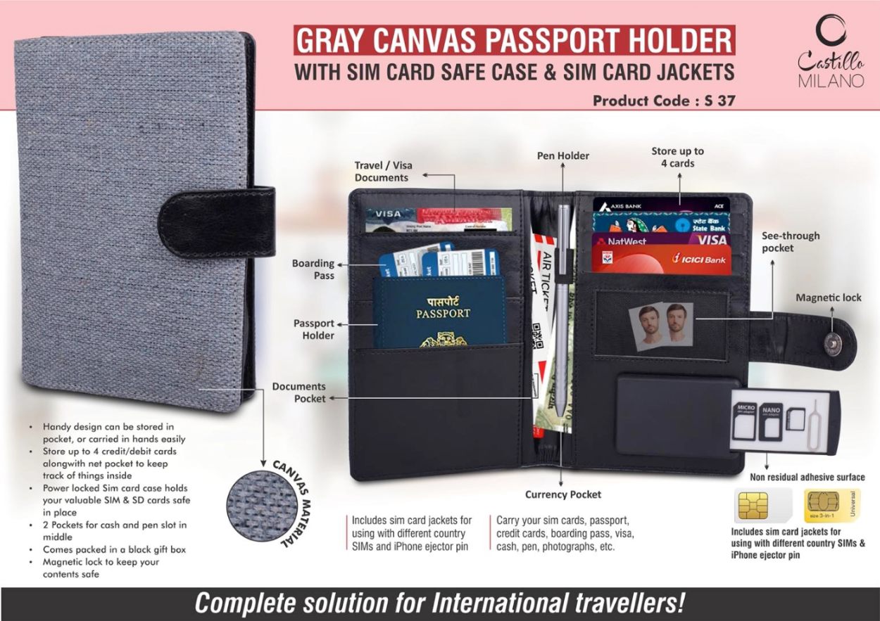 YuBingo Gray Canvas Passport Holder With SIM Card Safe Case & SIM Card Jackets - Corporate Gift | Product image 2