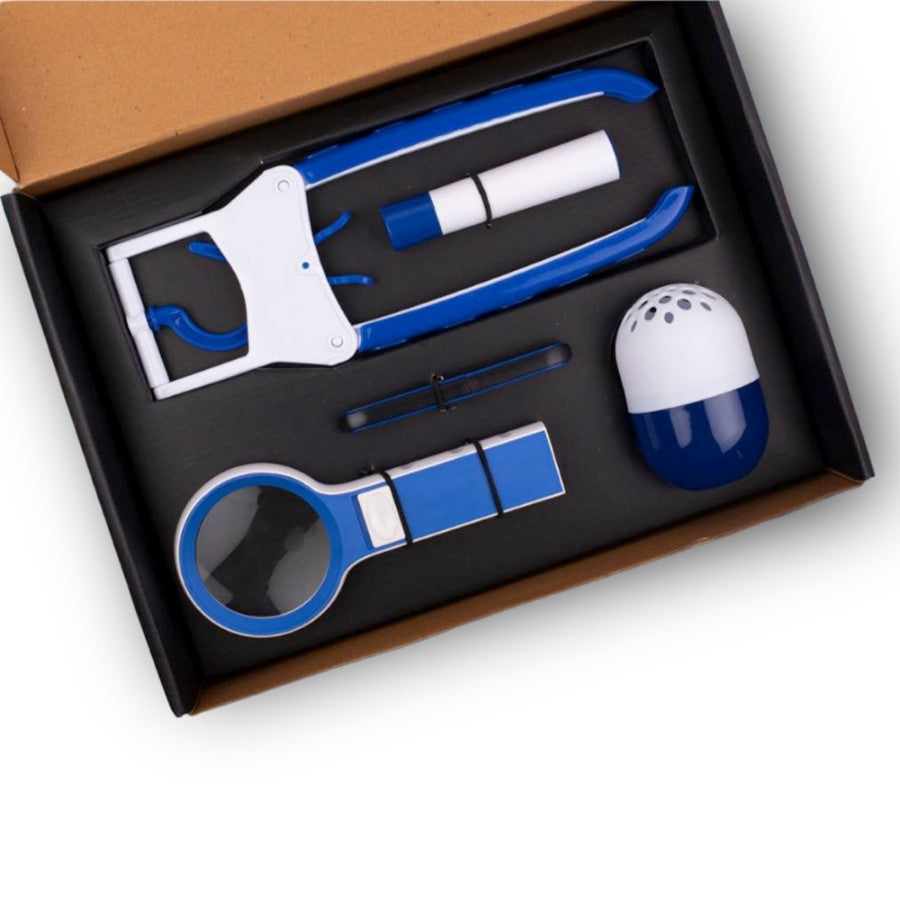 YuBingo Doctor Magnifier Set: Folding Coat Hanger, Lint Remover, Folding Scissors, LED Magnifier, Capsule Shape Air Freshener | 5 Pc Set (Blue) - Corp - product image