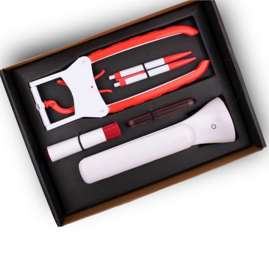 Q73-Doctor Lamp Set - Folding COB Desk Lamp, Coat Hanger, Lint Remover, Folding Scissors, Pen/Pencil Combo | 5 pc Set (Red) - Corporate Gift