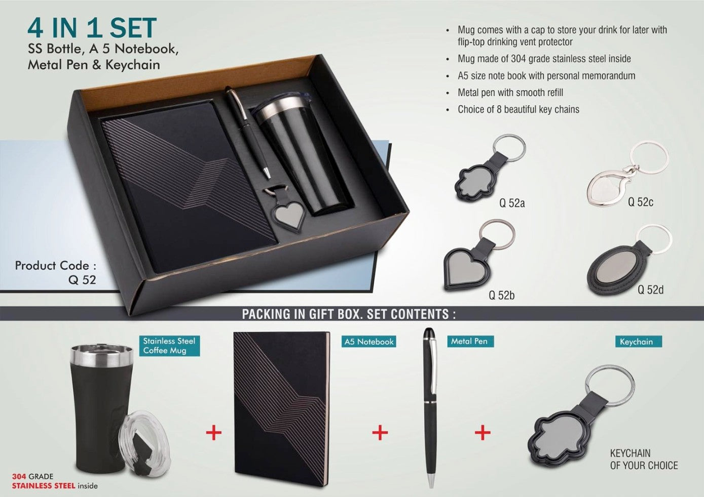 4 in 1 Gift Set (304 Steel Sipper, Metal Pen, A5 Notebook & Keychain) - View 2