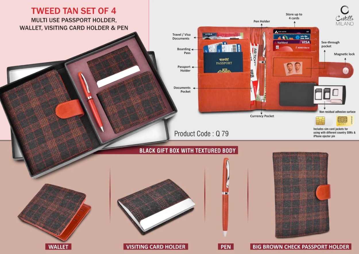 Tweed Tan Set of 4: Passport Holder, Wallet, Card Holder & Pen - View 5