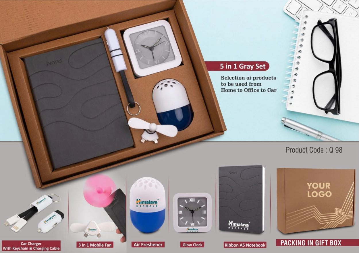 YuBingo 5 In 1 Gray Gift Set: Mobile Fan, Keychain, Air Freshener, Glow Clock, A5 PU Notebook - Corporate Gift - image 3