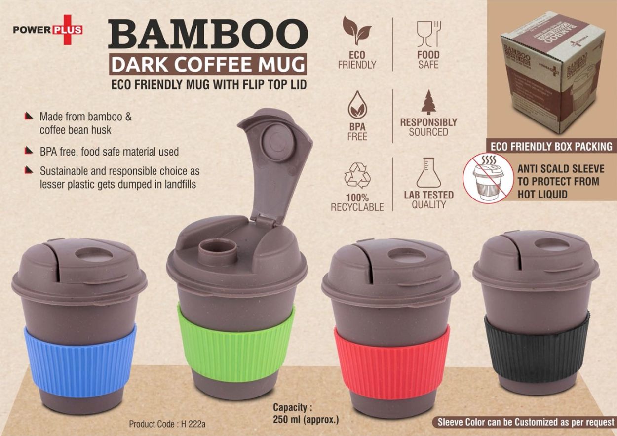 YuBingo H222a - Bamboo Dark Coffee Mug - Eco Friendly Mug With Flip Top Lid And Anti-Scald Sleeve - Capacity 250 ML - Corporate Gift | Product image 2