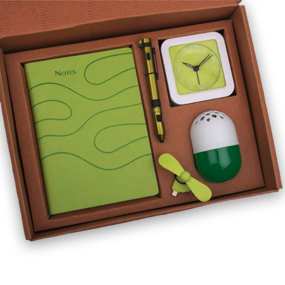 5 in 1 Green Gift Set: Air Freshener, Mobile Fan, 6 in 1 Military Pen, Glow Clock, A5 PU Notebook - Corporate Gift