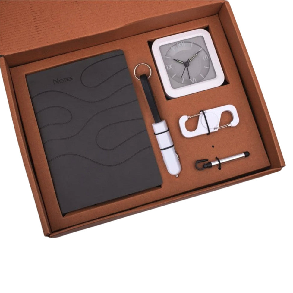 YuBingo 5 In 1 Gray Gift Set: Spinner With Bottle Opener, Keychain With Car Charger And Cable, Jack Stylus With Phone Stand, Glow Clock, A5 PU Noteboo - product image