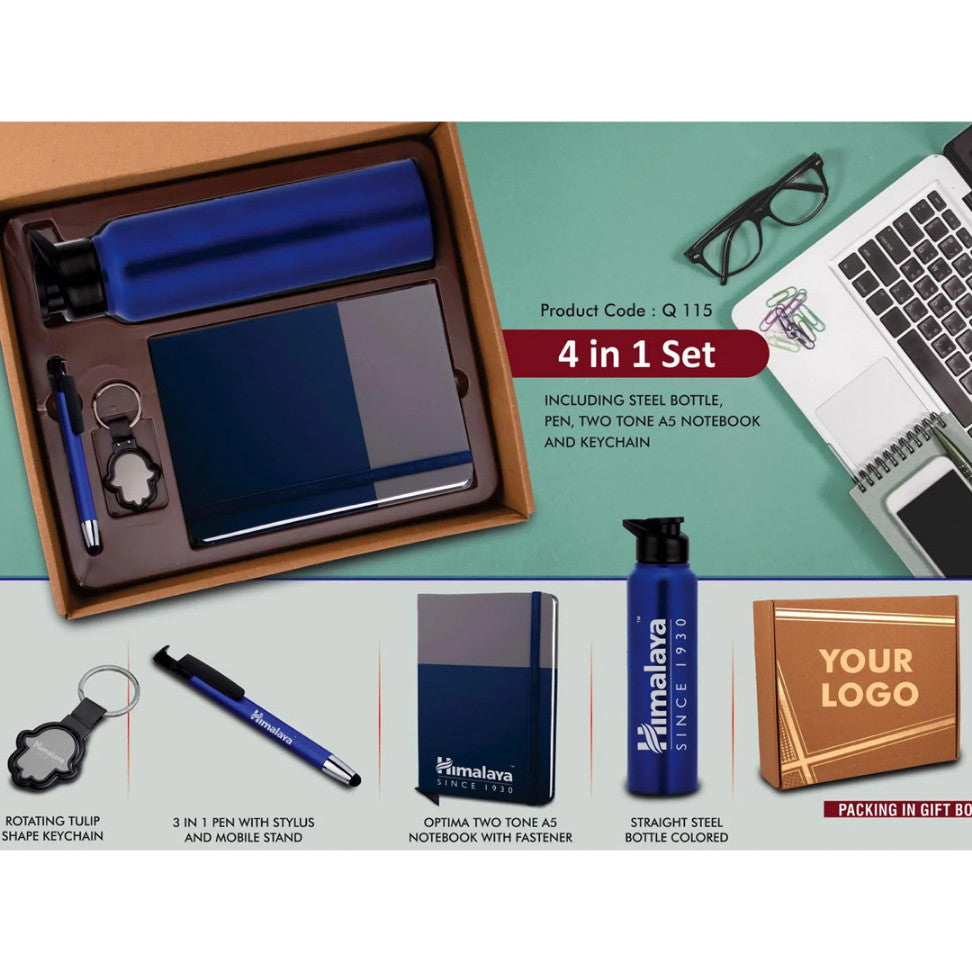 4 in 1 Dual Tone Set: Tulip Shape Keychain, SS Colored Bottle, Multifunction Pen, A5 PU Notebook - product image 2
