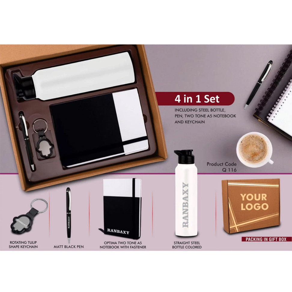 4 in 1 Dual Tone Gift Set with Bottle, Notebook, Pen & Keychain - View 7