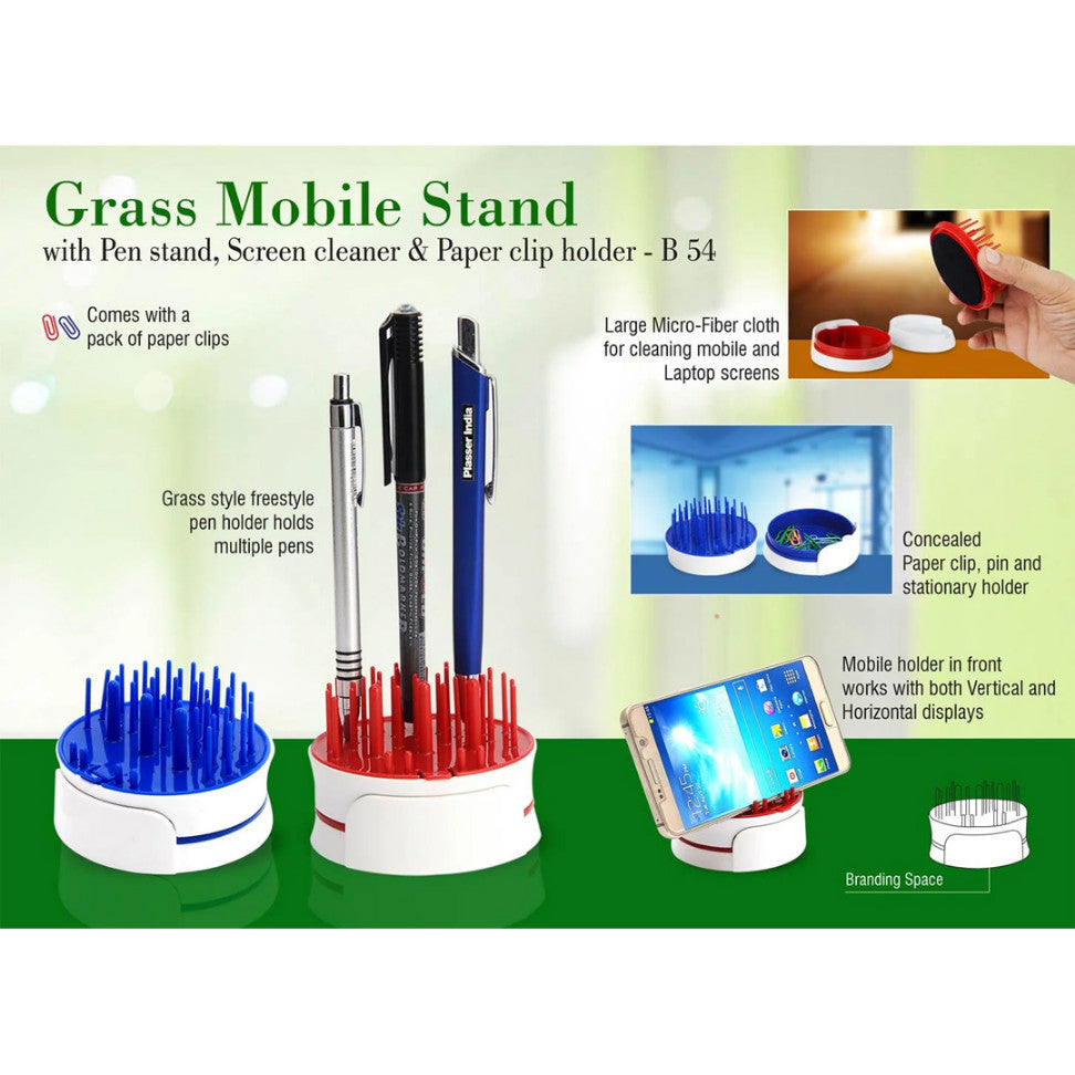 YuBingo Grass Mobile Stand with Pen Stand, Screen Cleaner & Paper Clip Holder - Corporate Gift