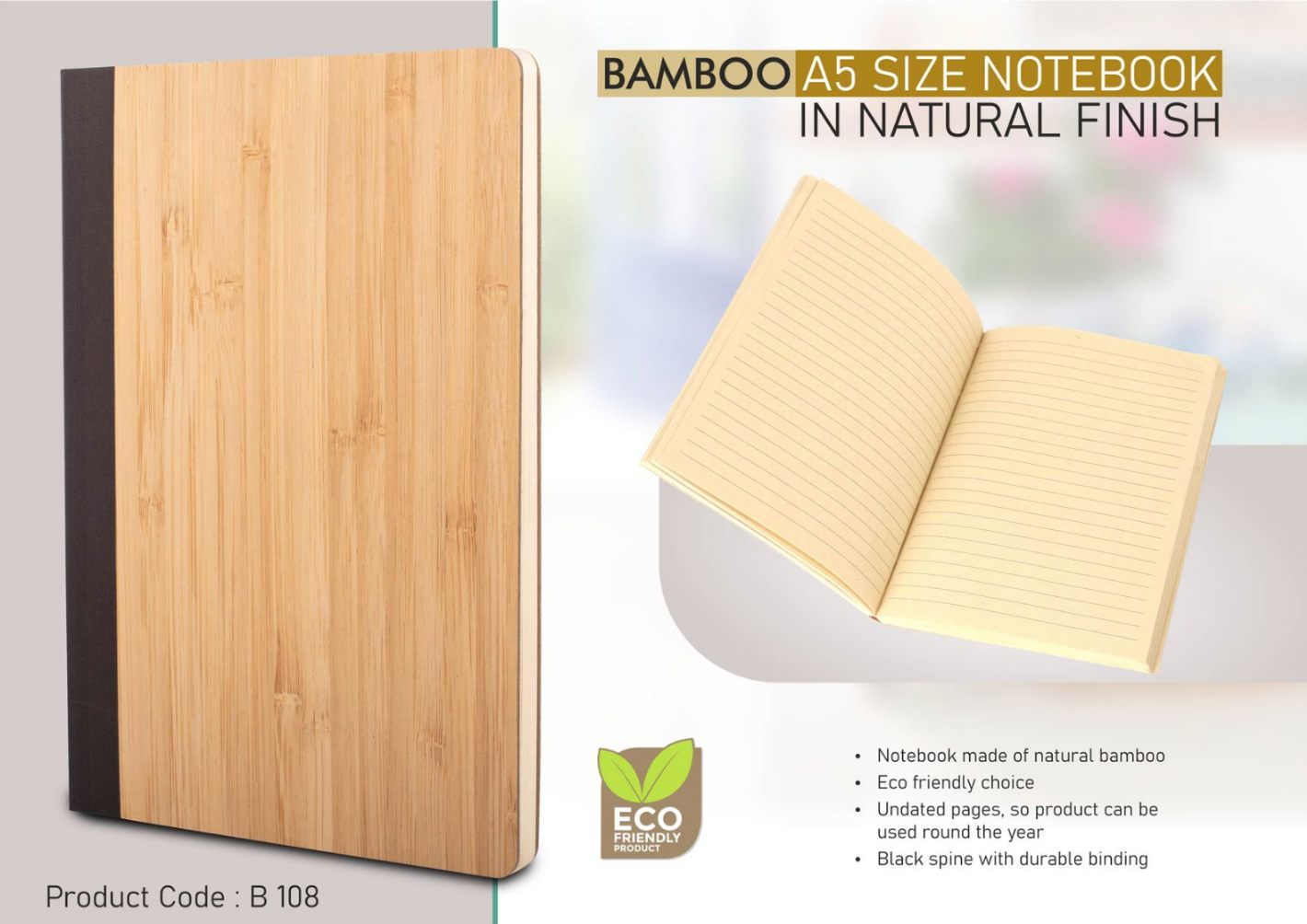 YuBingo Bamboo A5 Size Notebook in Natural Finish - Corporate Gift