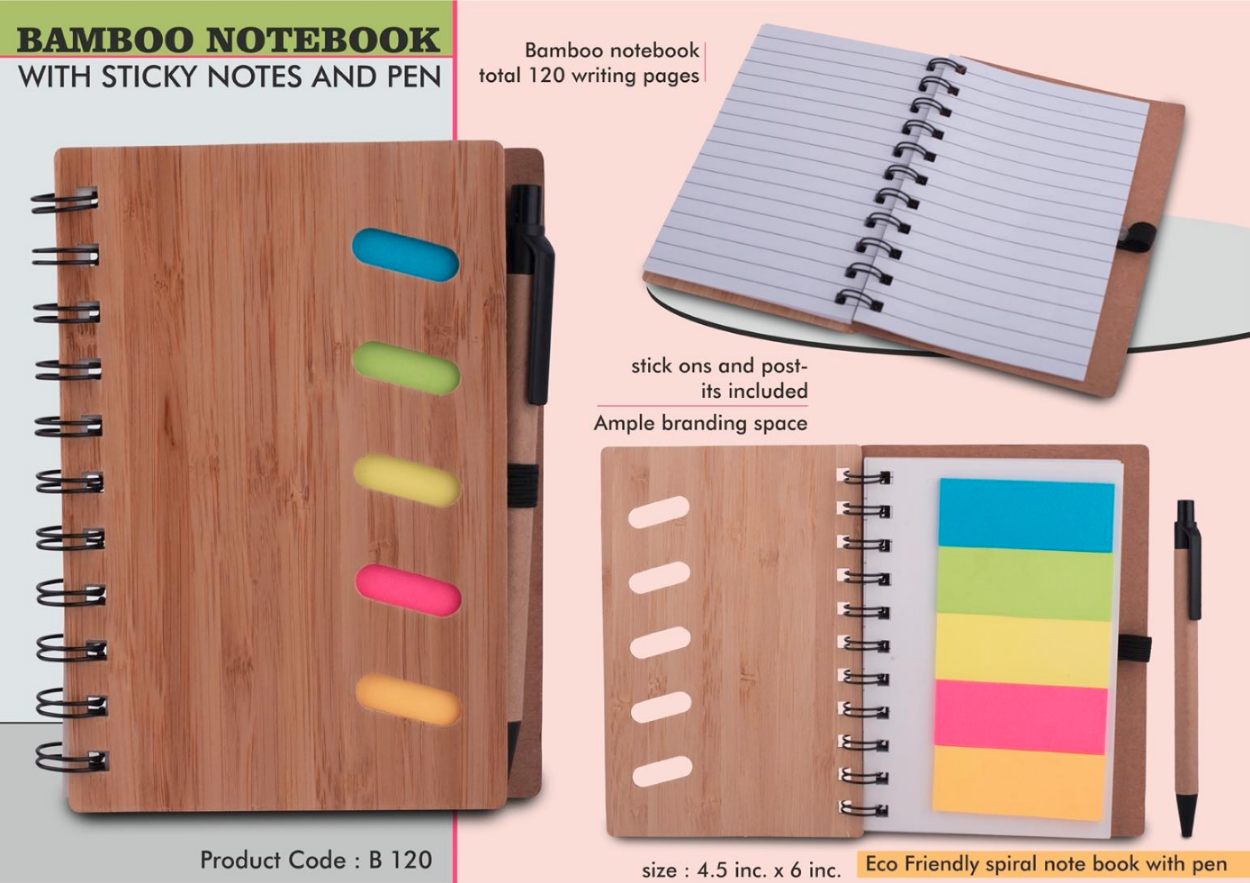 YuBingo Bamboo Notebook with Sticky Notes and Pen - Corporate Gift