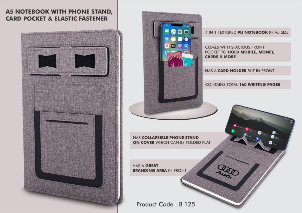 YuBingo A5 Notebook with Phone Stand, Card Pocket, Mobile Pocket, Pen Loop & Elastic Fastener - Corporate Gift