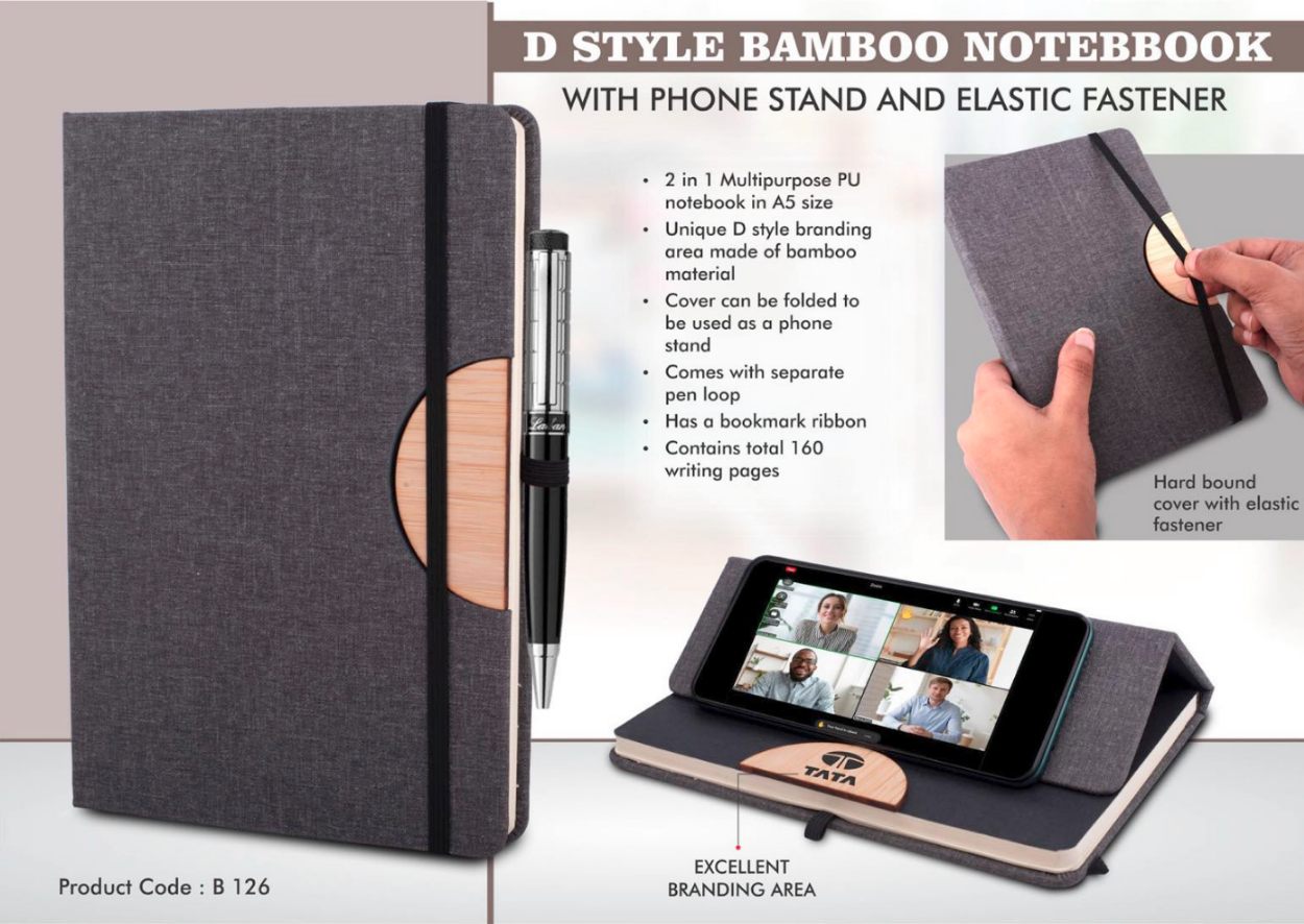 YuBingo D Style Bamboo Notebook with Phone Stand and Elastic Fastener - Corporate Gift