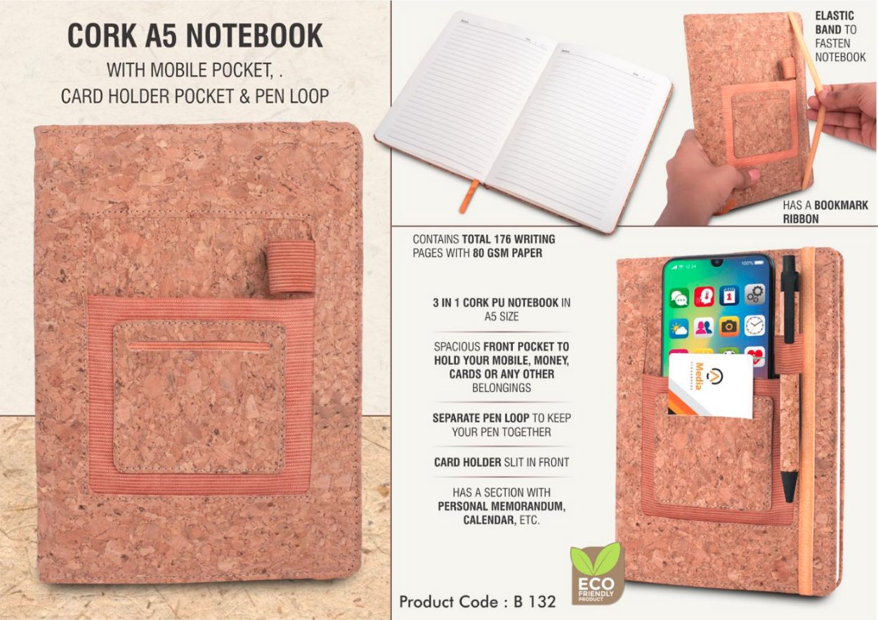 YuBingo Cork A5 Notebook with Mobile Pocket, Card Holder, and Pen Loop - Corporate Gift