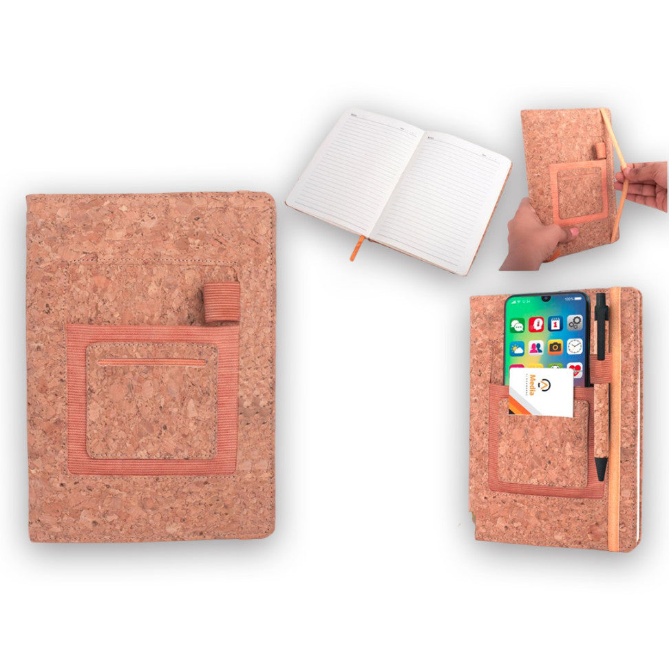 YuBingo Cork A5 Notebook with Mobile Pocket, Card Holder, and Pen Loop - Corporate Gift