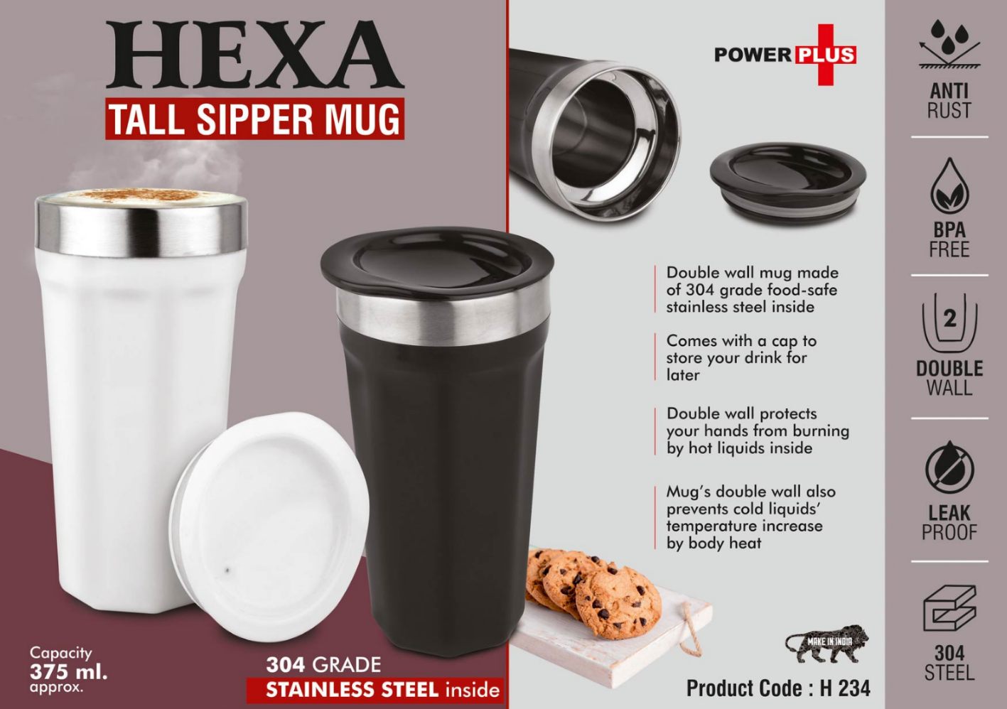 YuBingo H234 - Hexa: Tall Sipper Mug - 304 Grade Stainless Steel Inside - Capacity 375ml Approx - Corporate Gift | Product image 2