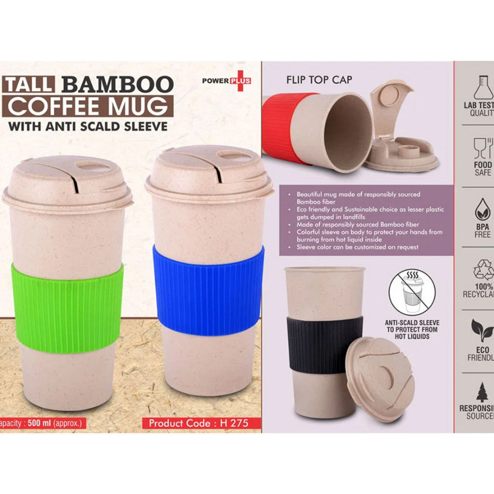 YuBingo H275 - Tall Bamboo Coffee Mug: Eco-Friendly Mug With Flip Top Lid And Anti-Scald Sleeve - 500ml - Corporate Gift | Product image 2