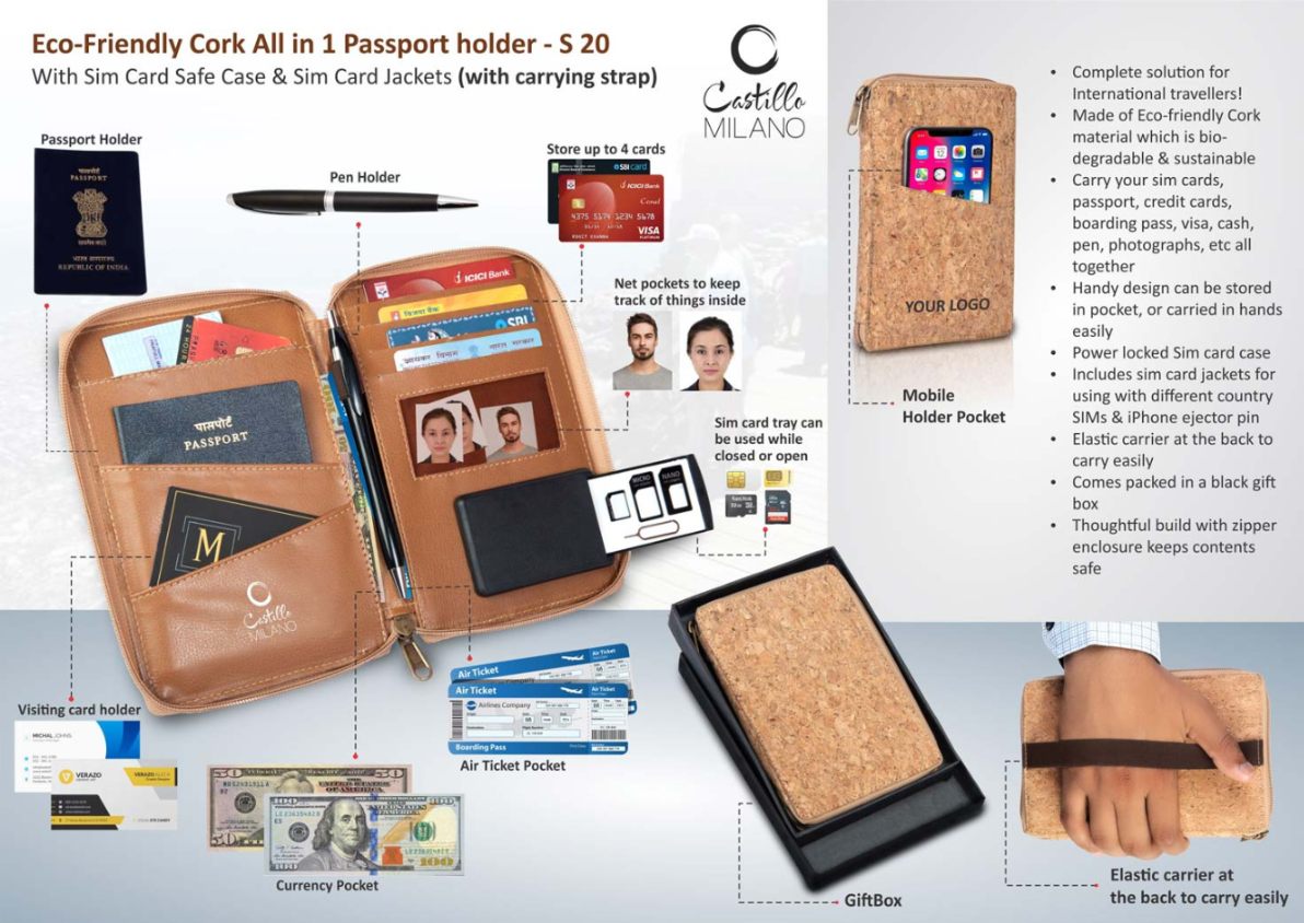 YuBingo Eco-Friendly Cork All-in-1 Passport Holder With SIM Card Safe Case & SIM Card Jackets (with Carrying Strap) - Corporate Gift | Product image 2