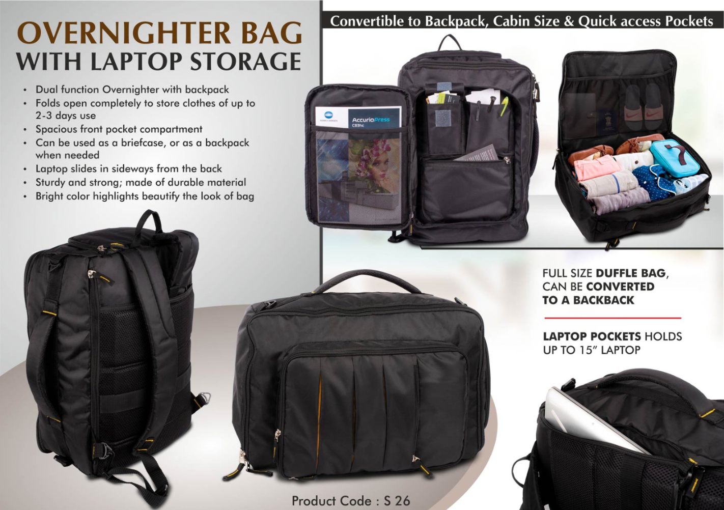YuBingo Overnighter Bag With Laptop Storage - Convertible To Backpack - Cabin Size - Quick Access Pockets - Corporate Gift | Product image 3