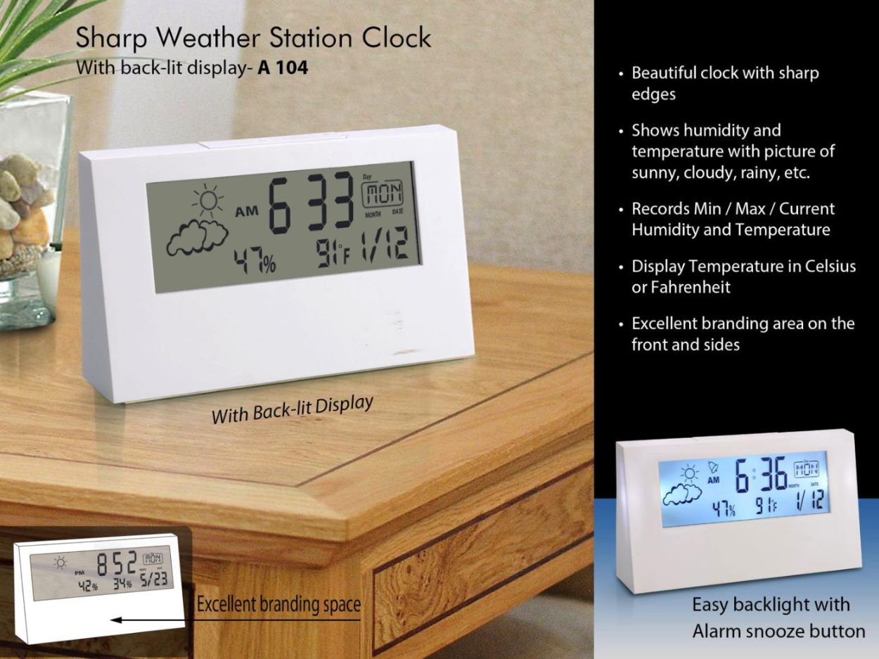 YuBingo Sharp Weather Station Clock With Backlight (White) - Table Clock - Corporate Gift | Product image 2