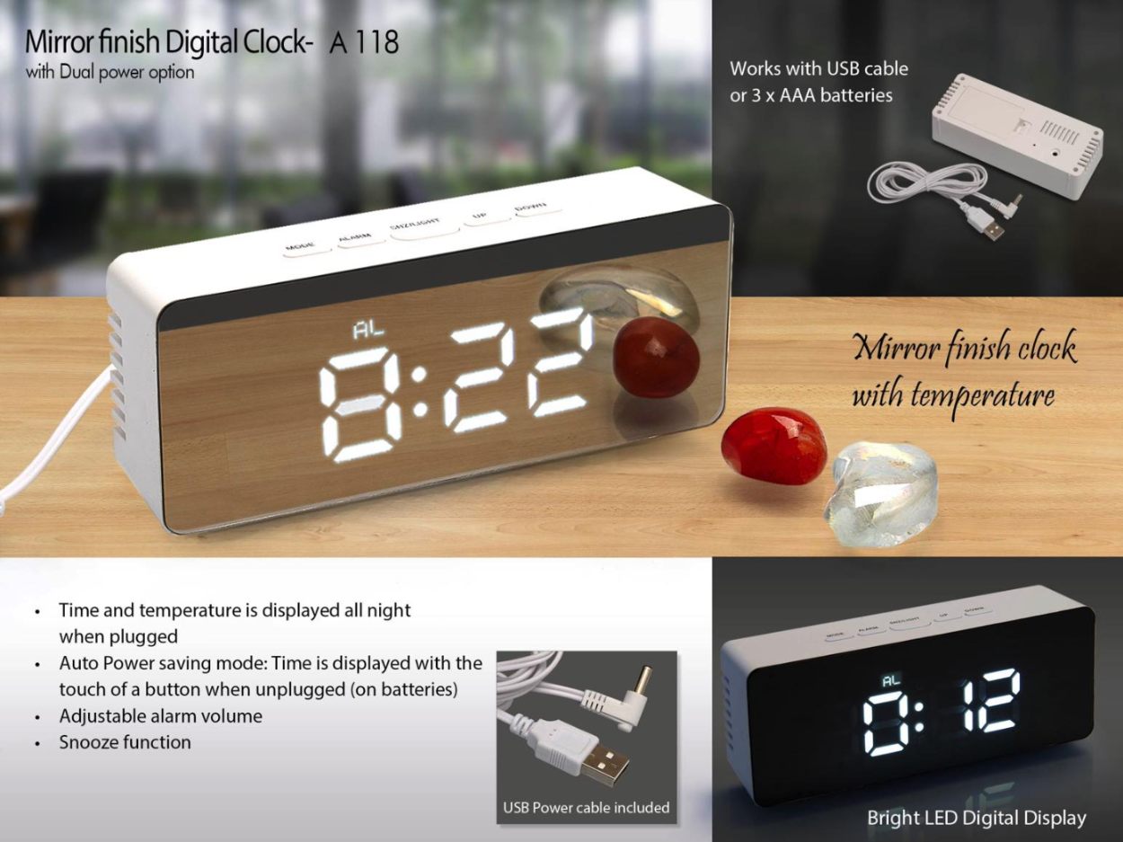 YuBingo Mirror Finish Rectangle Digital Clock With Temperature (Dual Power, USB Included) - Corporate Gift | Product image 3