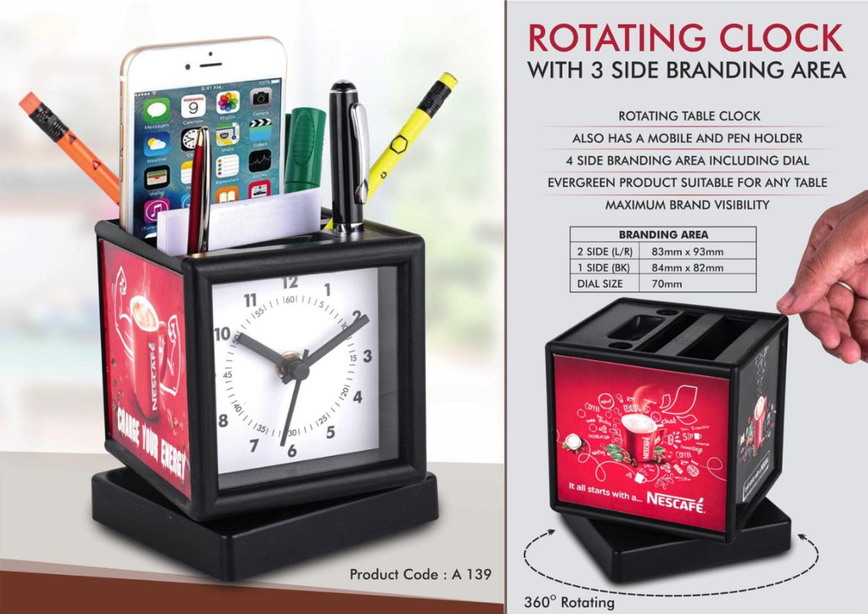 YuBingo Rotating Clock With 3 Side Branding Area | Pen Stand & Stationery Holder - Corporate Gift | Product image 4