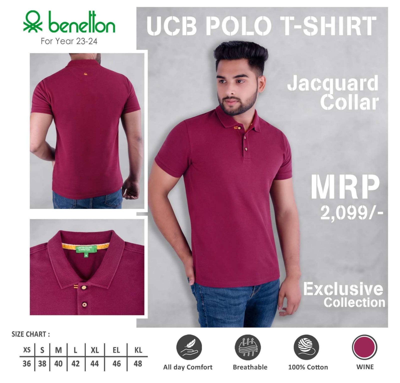 YuBingo United Colors of Benetton Cotton Jacquard Polo T-Shirt - Custom Corporate Gift - Wine by YuBingo