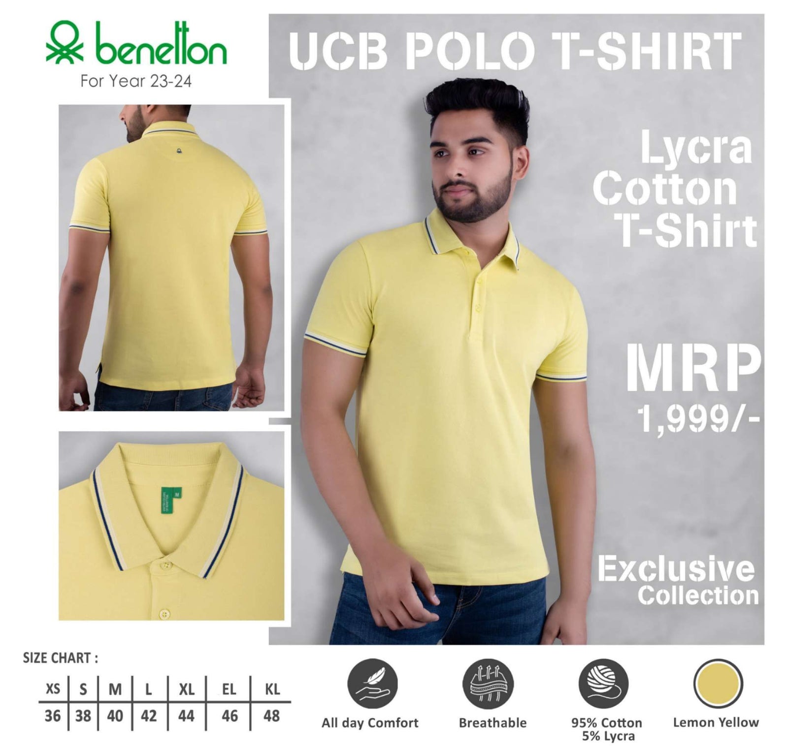 YuBingo United Colors of Benetton Lycra Cotton Polo T-Shirt - Custom Corporate Gift - Lemon Yellow by YuBingo